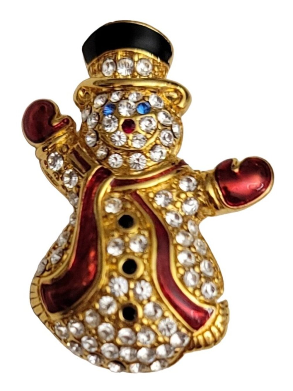 Monet Gold Tone Red Enamel, Rhinestone Snowman Pin Brooch, Signed M699